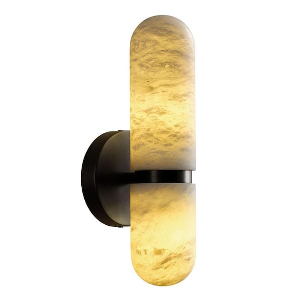 13 in. 2-Light Black Natural Alabaster Wall Sconce Modern Spanish Marble Wall Light for Living Room Bedroom Hallway