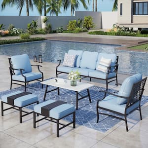 Black Meshed 7-Seat 6-Piece Metal Outdoor Patio Conversation Set with Blue Cushions and Table with Marble Pattern Top