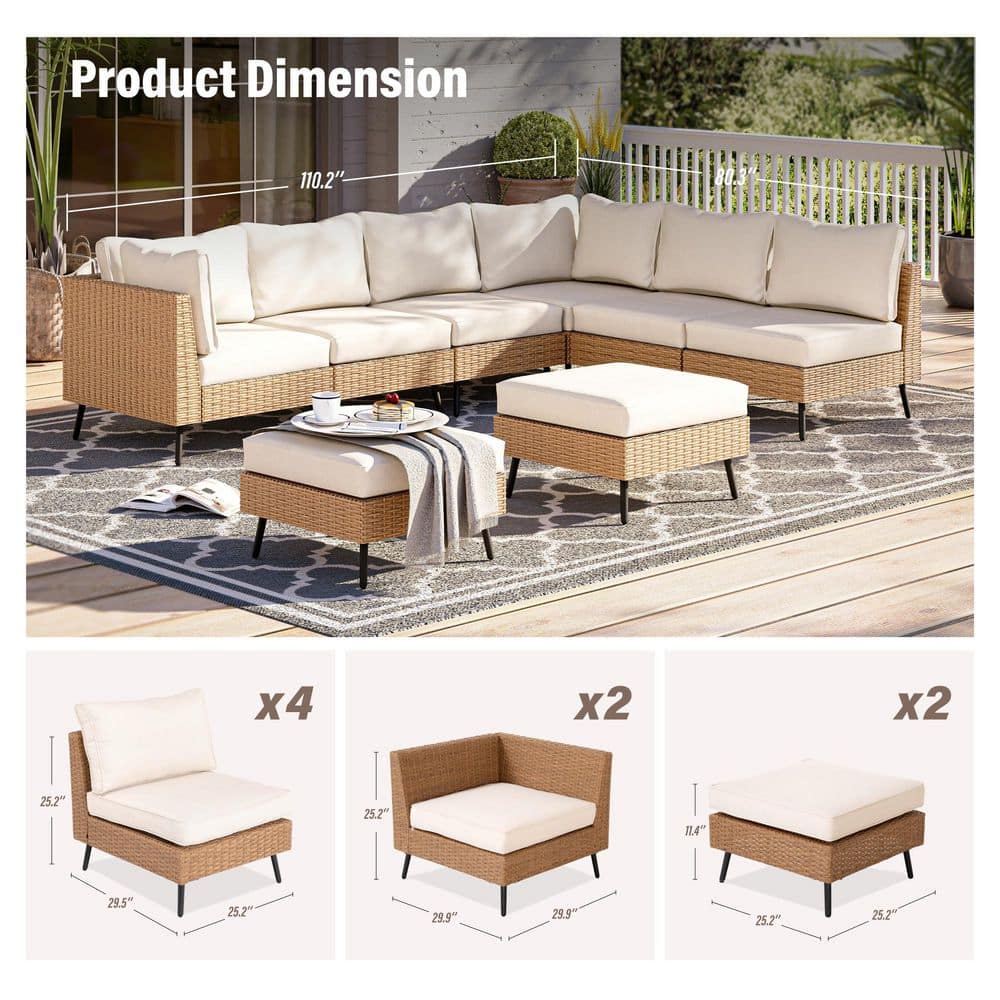 Beige 8-Piece Steel Frame Outdoor Sectional Sofa Set