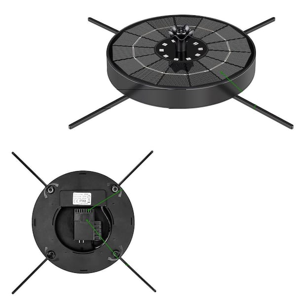 6.9 in. Dia Black Glass Solar Bird Bath Fountain with LED Lights 6 Nozzles Outdoor Solar Water Pump