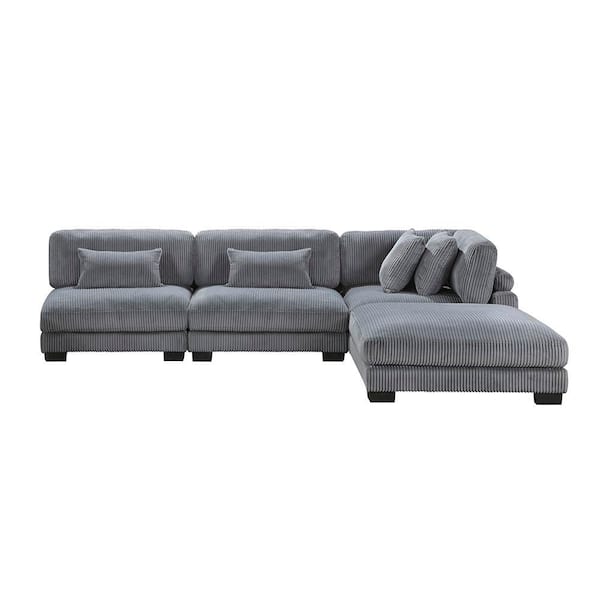 Lazzara Turbo 135 in. Pillow Top Arm 4-Piece Corduroy Fabric Modular Sectional Sofa in Gray with Ottoman