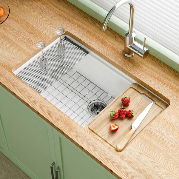 Workstation Kitchen Sink 33 in. Drop-In Single Bowl White Fireclay Kitchen Sink with Cutting-Board and Bottom Grid Drain