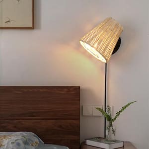 Kitchen Island 5.9 in. 1 Light Yellow Plug in Wall Sconces with Bamboo Shade, Basket Boho Wall Lamp Fixture