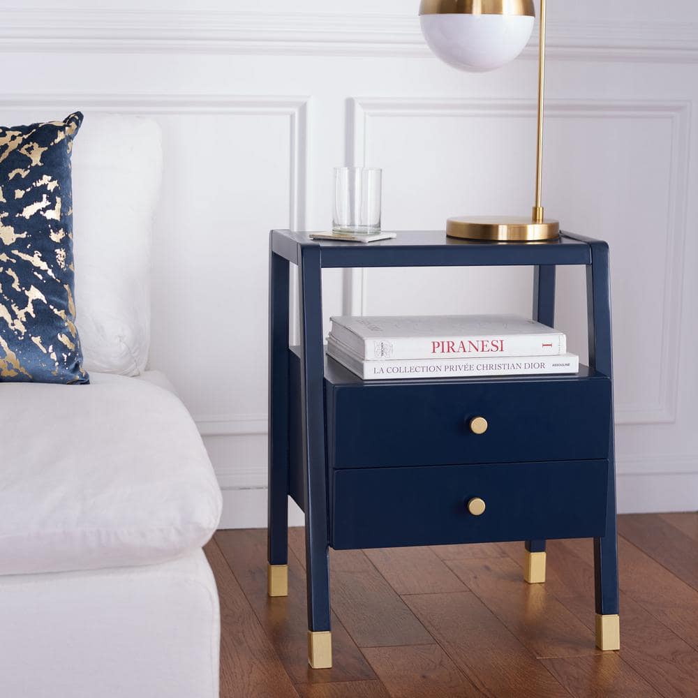 Navy and Gold Rectangular Wood Storage Accent Table with Drawers