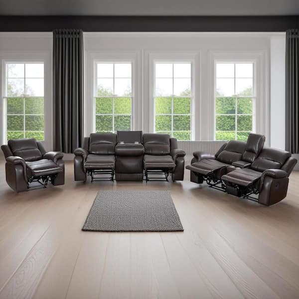 HOMESTOCK 85.82 in. D 3-Piece Rolled Arm Faux Leather Modular Push Back Recliner Sofa, Loveseat and Chair in Espresso
