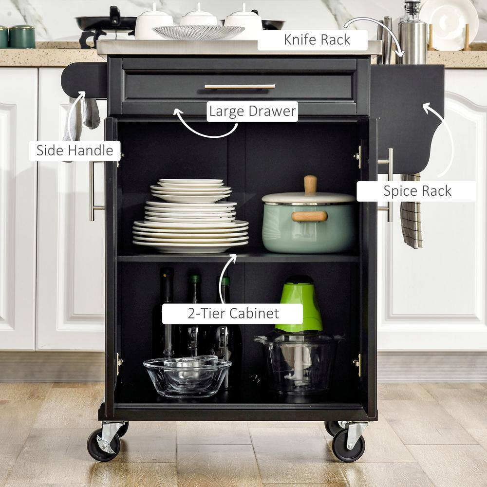 Black Stainless Steel Kitchen Cart with Spice Rack and Storage