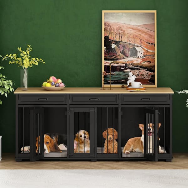 FUFU&GAGA Heavy-Duty Wooden Dog Crate Furniture for 3-Dogs, Large Dog Crate With 3-Drawers and 2-Dividers for L/M/S Dogs, Black