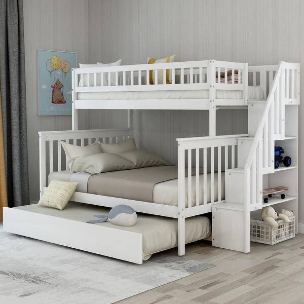 Harper & Bright Designs White Twin Over Full Stairway Bunk Bed with Trundle