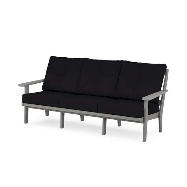 Trex Outdoor Furniture Cape Cod Plastic Outdoor Deep Seating Couch in Stepping Stone with Midnight Linen Cushions