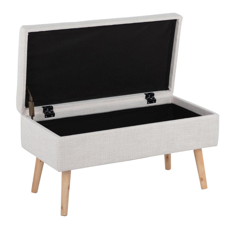 Beige Linen Upholstered Storage Bench with Natural Wood Legs