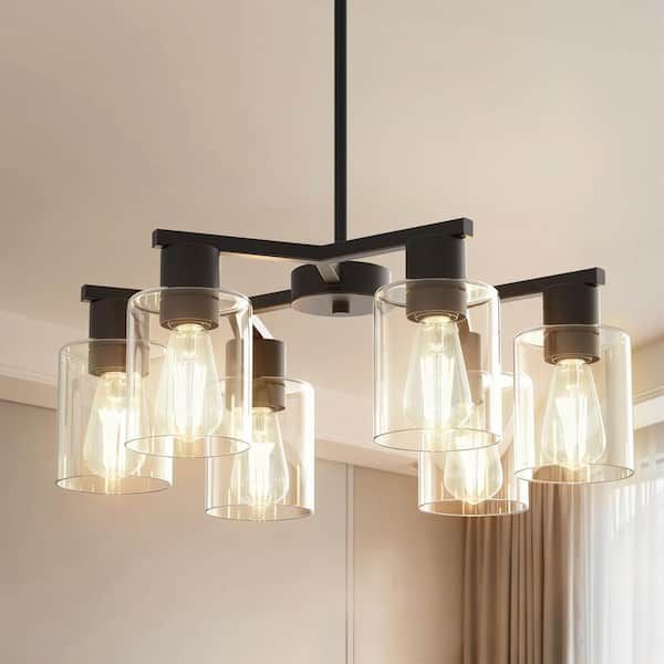 6-Light Black Farmhouse Chandelier with Adjustable Height, Industrial Clear Glass Pendant Light for Dining Room