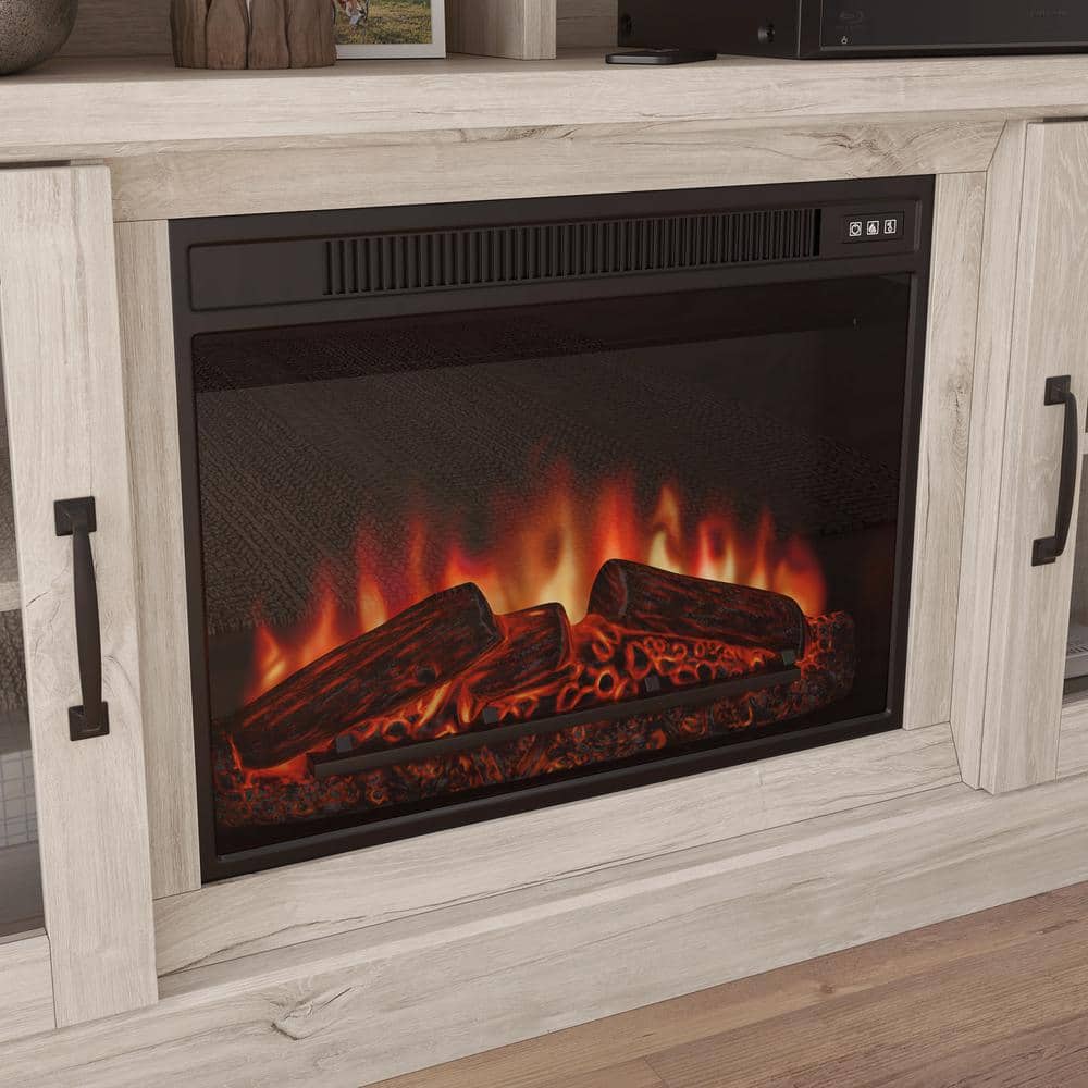 Chalk Oak 60" Fireplace TV Credenza with Glass Doors