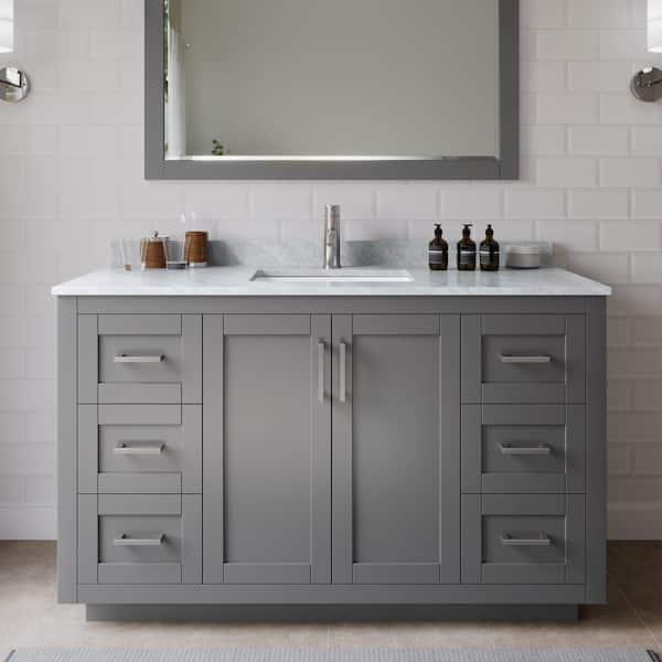 Wyndham Collection Miranda 54 in. W x 22 in. D x 33.75 in. H Single Sink Bath Vanity in Dark Gray with White Carrara Marble Top and Mirror
