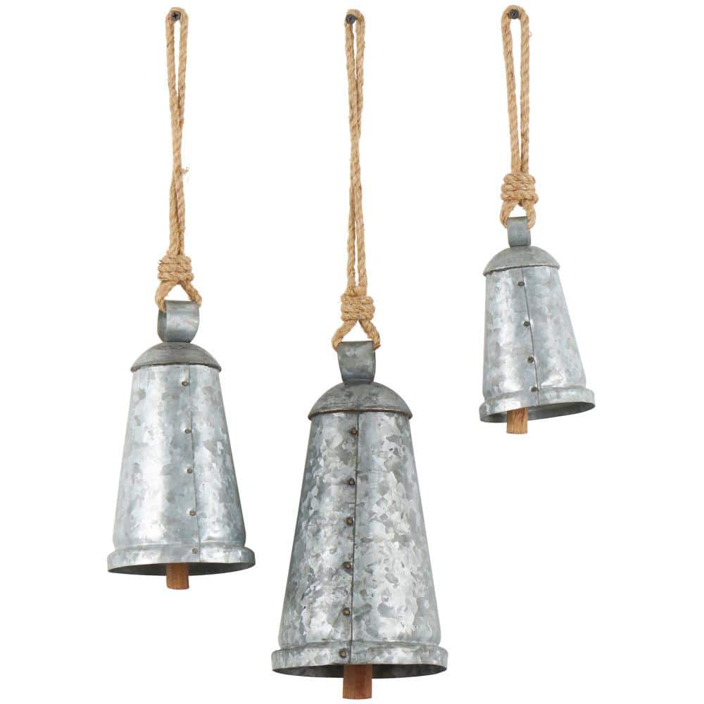 Silver Metal and Jute Hanging Cone Bells, Set of 3