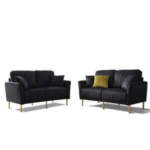 31.50 in. 2-Pieces 2-Seat Round Arm Foam Velvet Straight Sofa Loveseat Living Room Set in Black