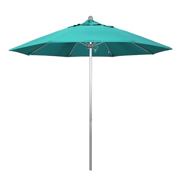 California Umbrella 9 ft. Silver Aluminum Commercial Market Patio Umbrella with Fiberglass Ribs and Push Lift in Aruba Sunbrella