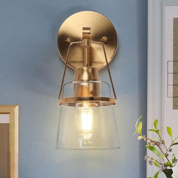 LNC Mid-Century Modern 4.7 in. 1-Light Plated Brass Wall Sconce with Bell Clear Glass Shade