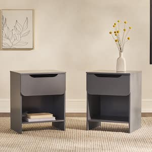 1-Drawer Dark Grey Modern Nightstand with Cubby, Set of 2