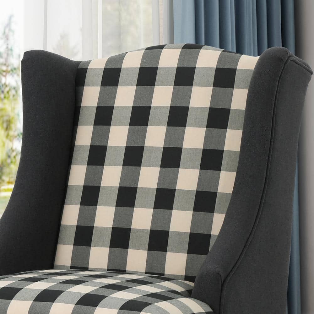 Handcrafted Black and Beige Plaid Wood Club Accent Chair