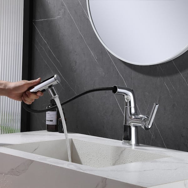 4 in. Centerset Single Level Handle Mid Arc Bathroom Pull-Out Faucet with Digital Display in Chrome