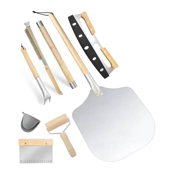 Stainless Steel 7PCS Pizza Accessory Kit w Peel, Oven Brush, Bubble Popper, Rocker Cutter, Dough Roller & Scraper
