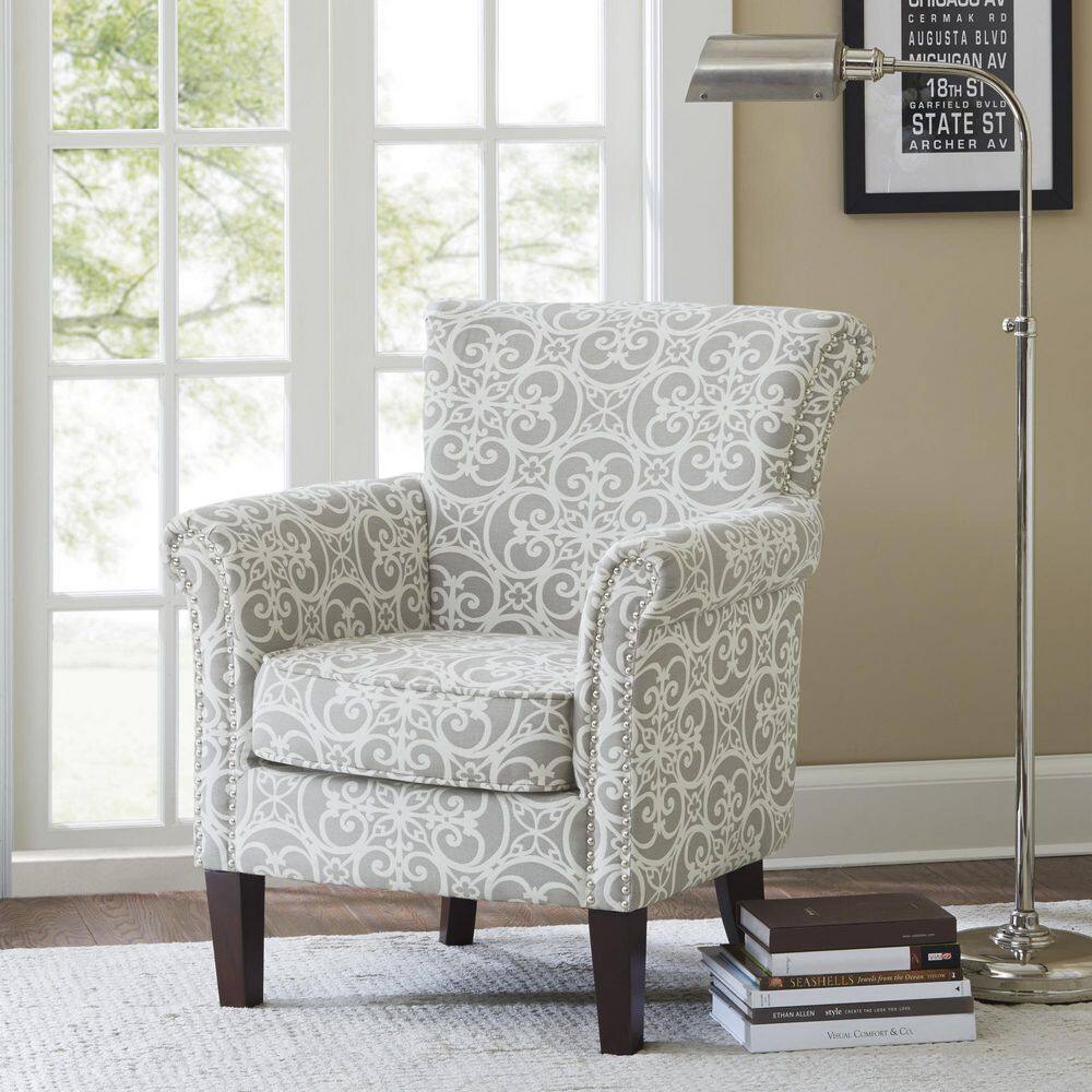 Gray Geometric Wood Accent Chair with Nailhead Trim