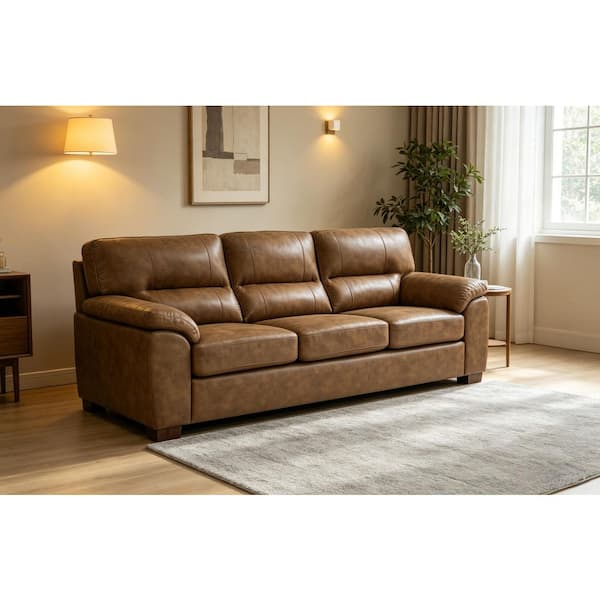 Fabian 81 in. Pillow Top Arm Faux Leather Rectangle Sectional Sofa in Light Brown