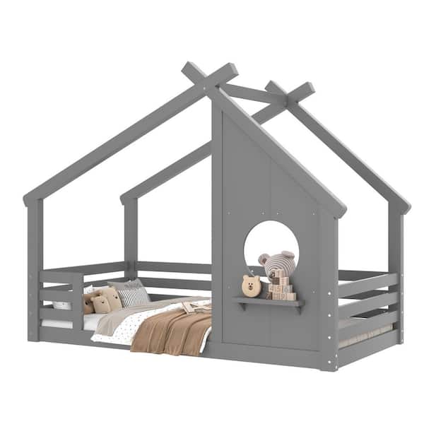 Valenor Gray Twin Size Wood Frame House Floor Bed with Window and a Small Shelf