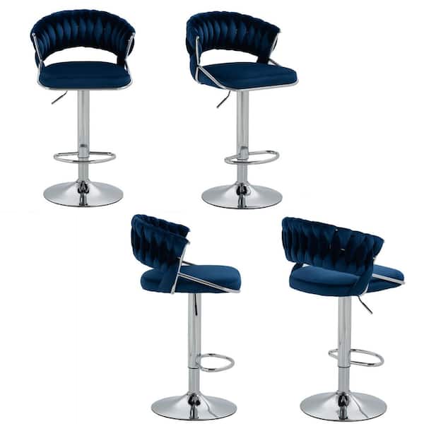 Uixe 43.15 in. Navy Blue Low Back Silver Metal Frame Adjustable Swivel Bar Stool with Velvet Seat (Set of 4)