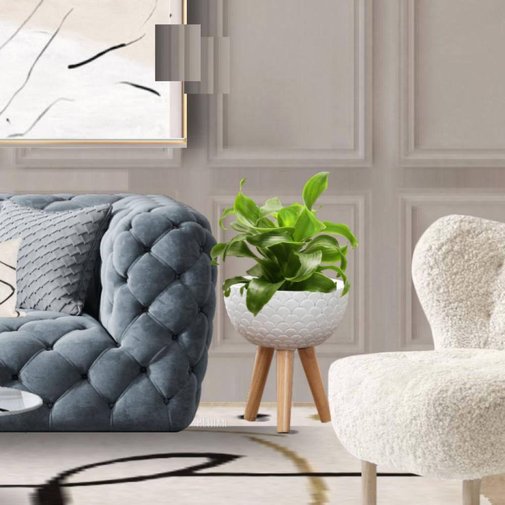 White Scallop Embossed Round Planter with Wood Legs