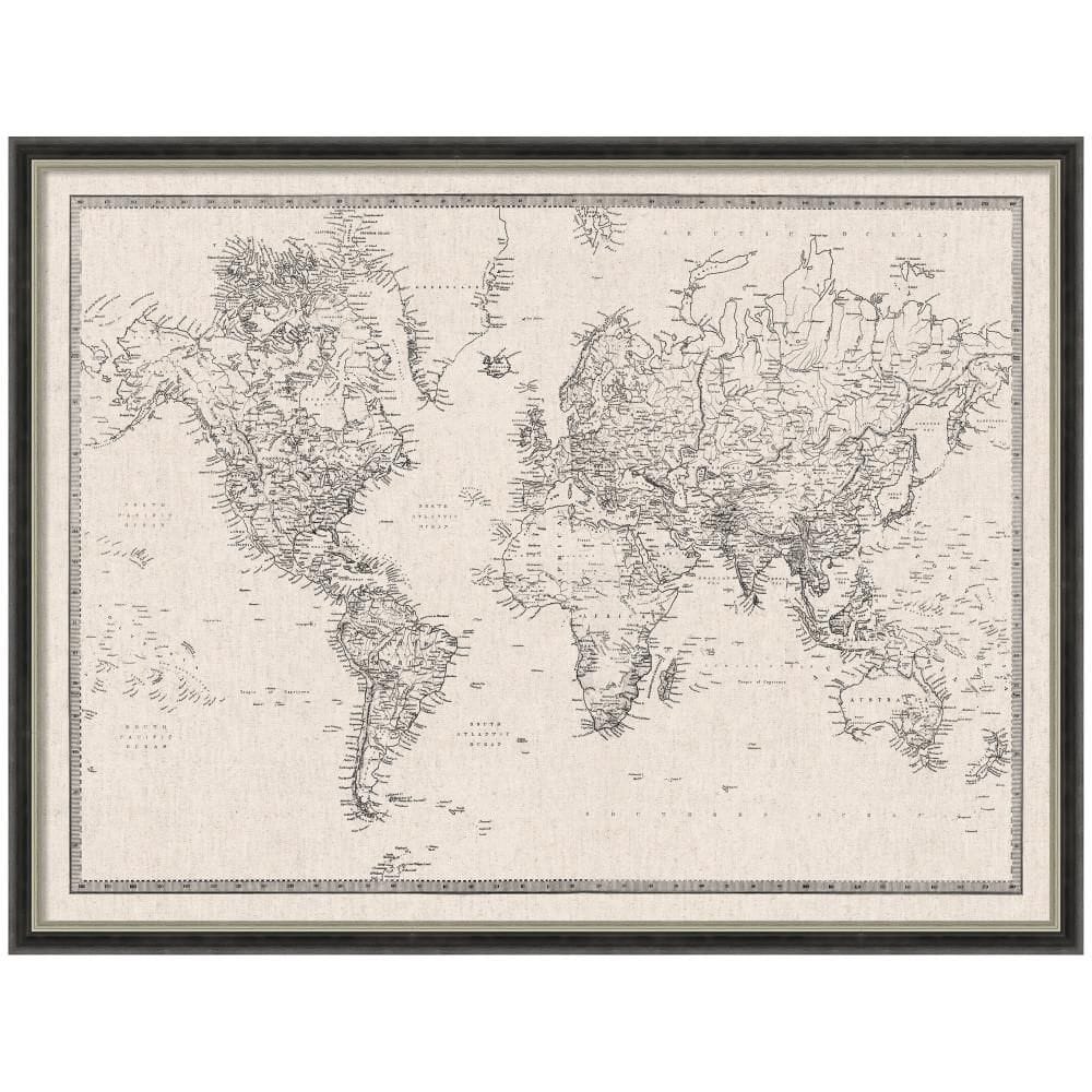 Theo 25 in. x 19 in. Silver Wood Framed Vintage Black and White World Map Linen Fabric Memo Board price history on PriceWatchPro