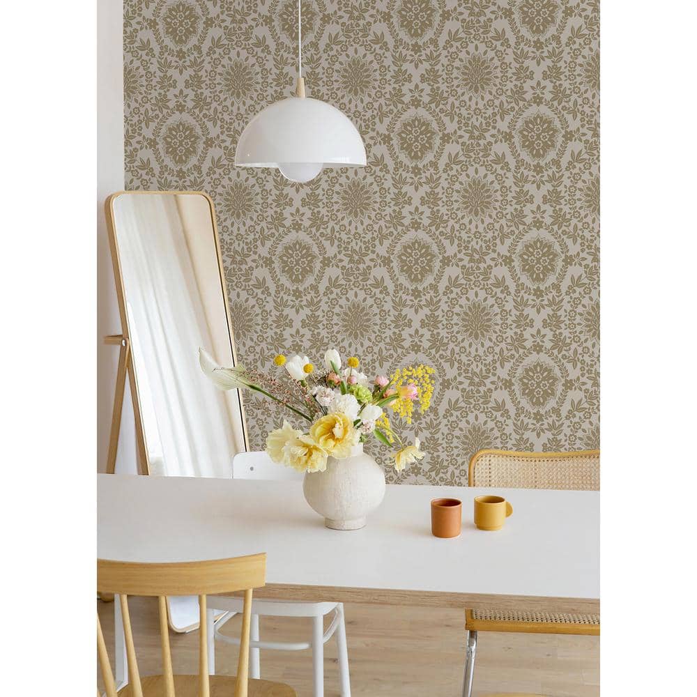 Taupe and Gold Damask Peel and Stick Wallpaper Roll