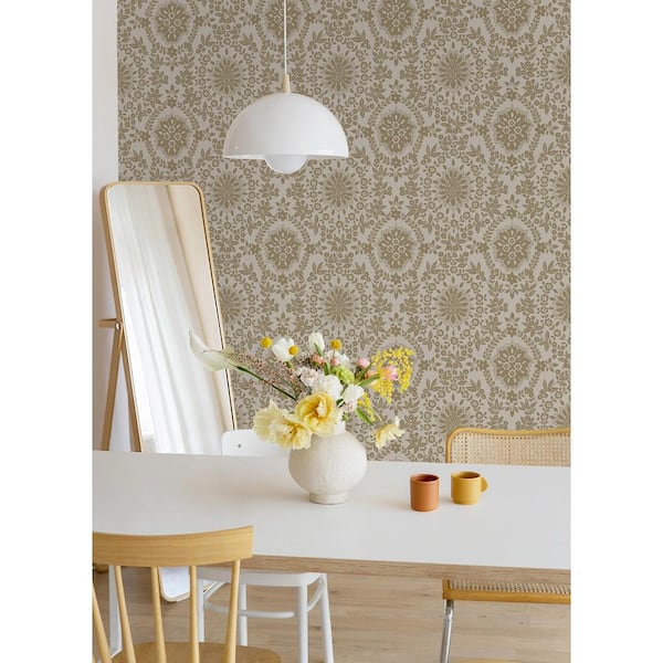 Grey Taupe and Gold Boho Baroque Damask Peel and Stick Wallpaper