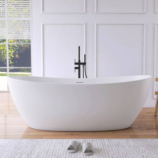 73 in. x 35 in. Stone Resin Solid Surface Flatbottom Freestanding Soaking Bathtub in White