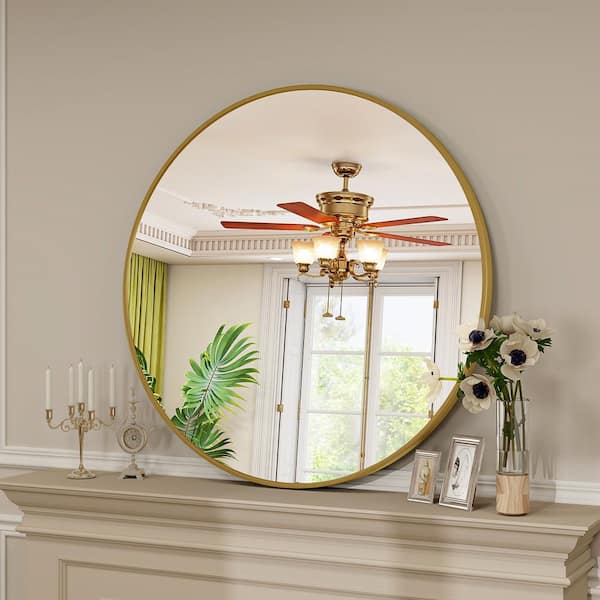 GLSLAND 24.1 in. W x 24.1 in. H Round Metal Framed Wall Bathroom Vanity Mirror Gold