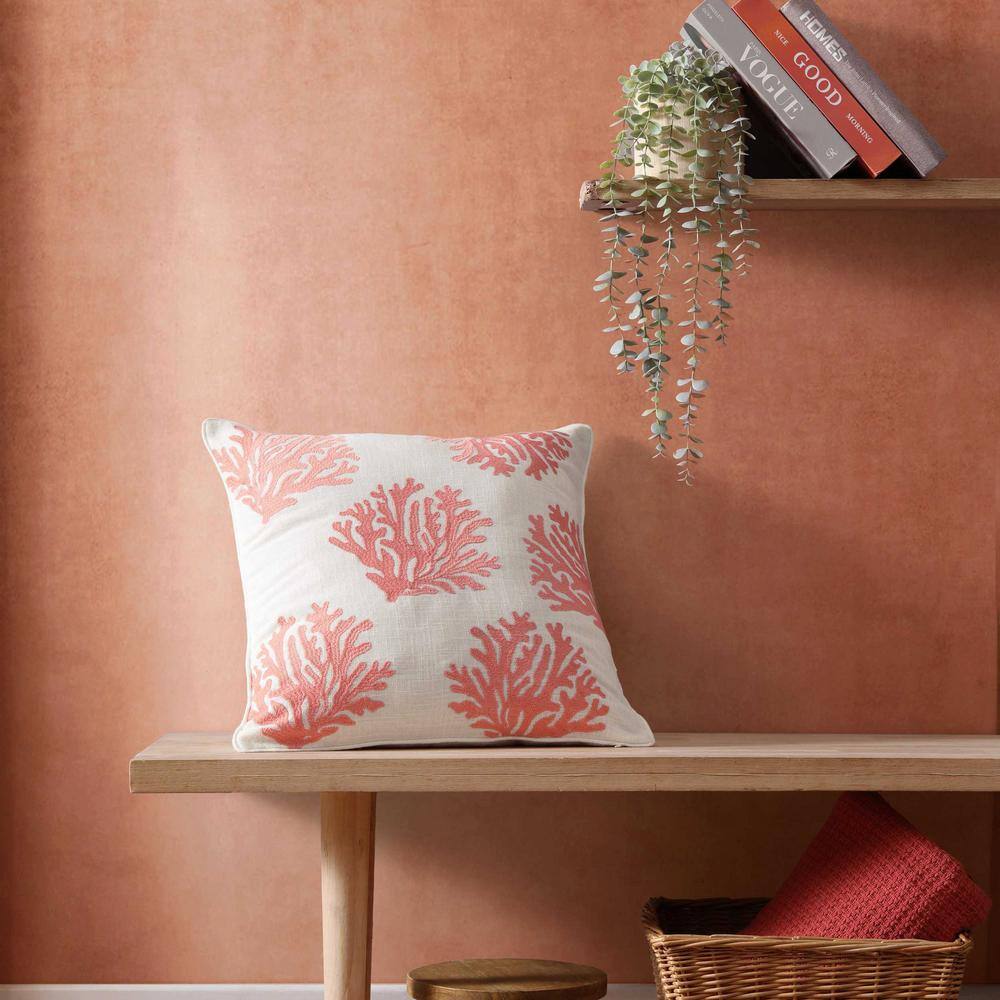 Coral Embroidered Square Coastal Throw Pillow