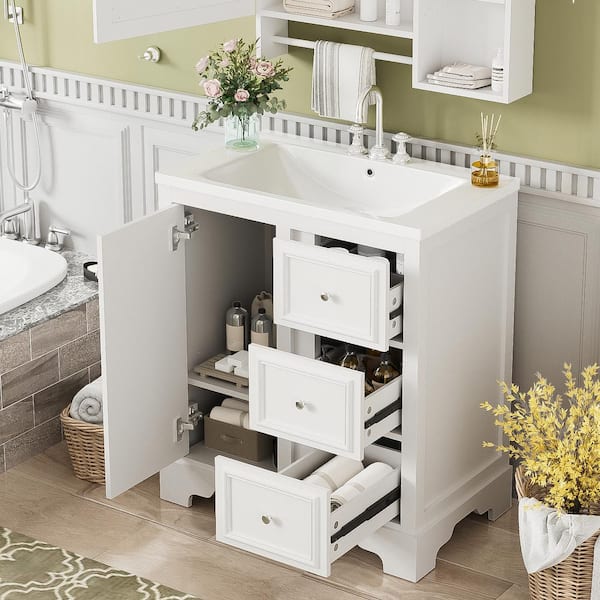 Magic Home 30 in. Retro Single Sink Freestanding Storage Bath Vanity in White with White Ceramic Top,Drawers and Adjustable Shelves