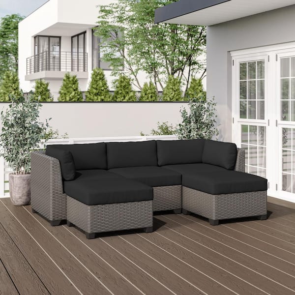 TK CLASSICS Florence 5-Piece Outdoor Wicker Patio Conversation Furniture Set with Black Cushion