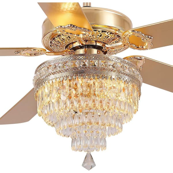 62 in. Indoor Crystal Chandelier Gold Ceiling Fan Fandelier with Lights and Remote Control