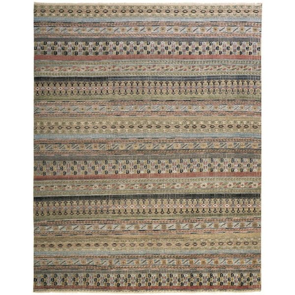 Tan, Blue, Orange Striped 8 ft. x 12 ft. Area Rug