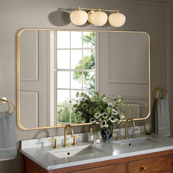 30 in. W x 48 in. H Modern Rectangular Aluminum Alloy Gold Rounded Corner Wall Mirror/Decorative Mirror