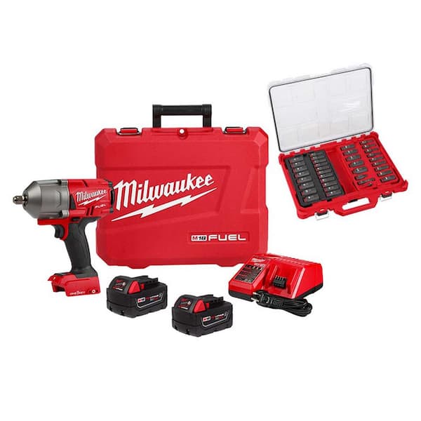 M18 FUEL ONE-KEY 18V Li-Ion Brushless Cordless 1/2 in. High Torque Impact Wrench w/ Batteries & Impact Socket Set