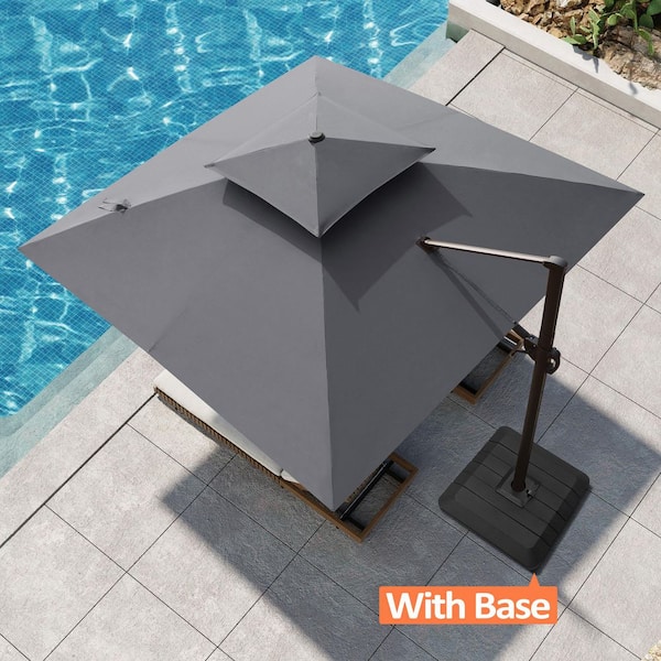 10.5 ft. Square Aluminum Double Top 360° Rotation Outdoor Cantilever Patio Umbrella in Gray with 240 lbs. Fillable Base