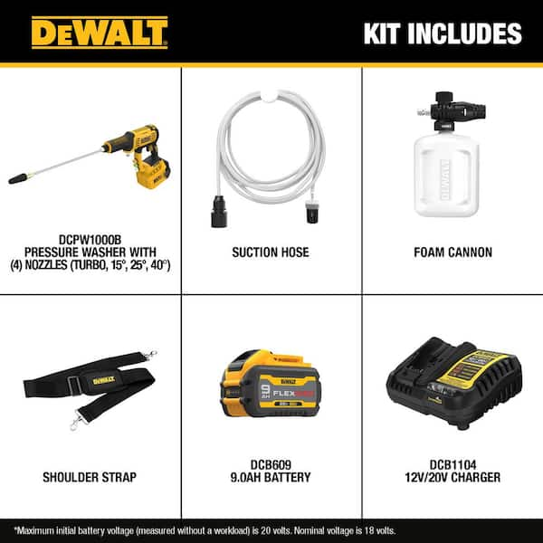 DEWALT FLEXVOLT 60V MAX 1000 PSI 1.0 GPM Cold Water Cordless Battery Power Cleaner Kit w 1 FLEXVOLT 3 Ah Battery and Charger DCPW1000X1 The Home Depot