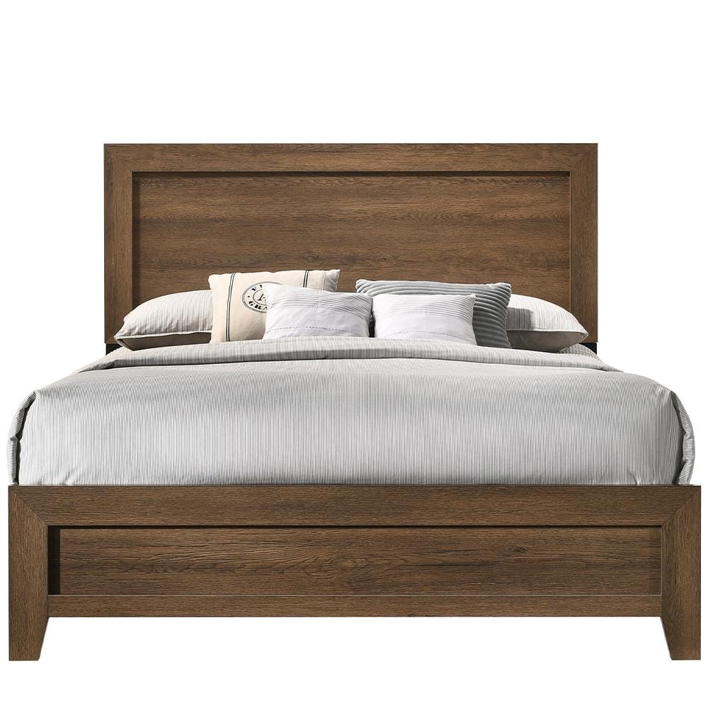 Elegant Oak Queen Bed with Upholstered Headboard and Storage Drawer