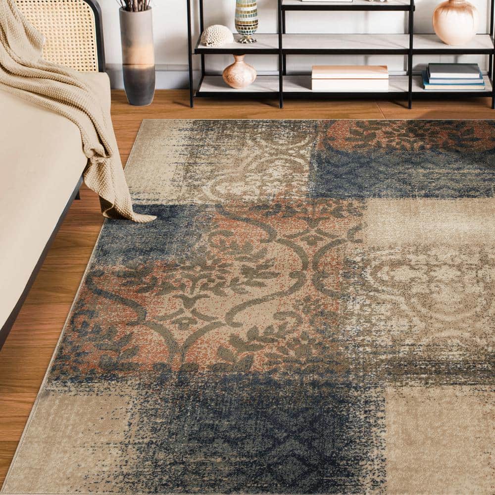 Midnight Navy-Salmon Abstract Synthetic 8' x 10' Area Rug