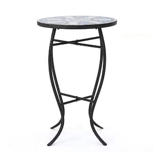 Han Ceramic Outdoor Tile Side Table with Iron Frame, Blue/White