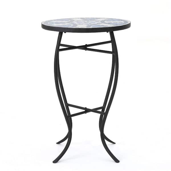 Unbranded Han Ceramic Outdoor Tile Side Table with Iron Frame, Blue/White