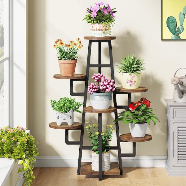 Augbeer 7-Tier Brown Wood Corner Plant Stand Indoor for Multiple