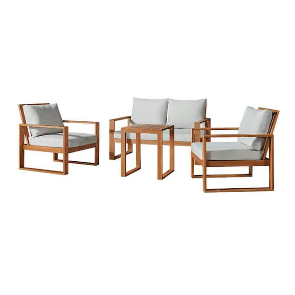 Pure Garden Grafton 4-Piece Patio Conversation Set Eucalyptus Wood with 2 Outdoor Chairs, 2-Seat Bench and Cocktail Table